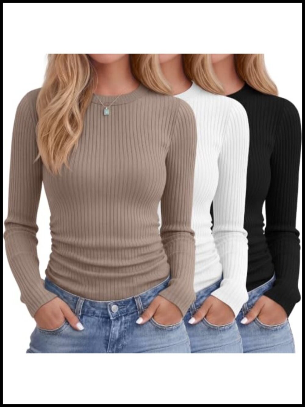 Ribbed Knit Long Sleeve T-Shirts Slim Fit Crew Neck Side Pleats 3 Pack